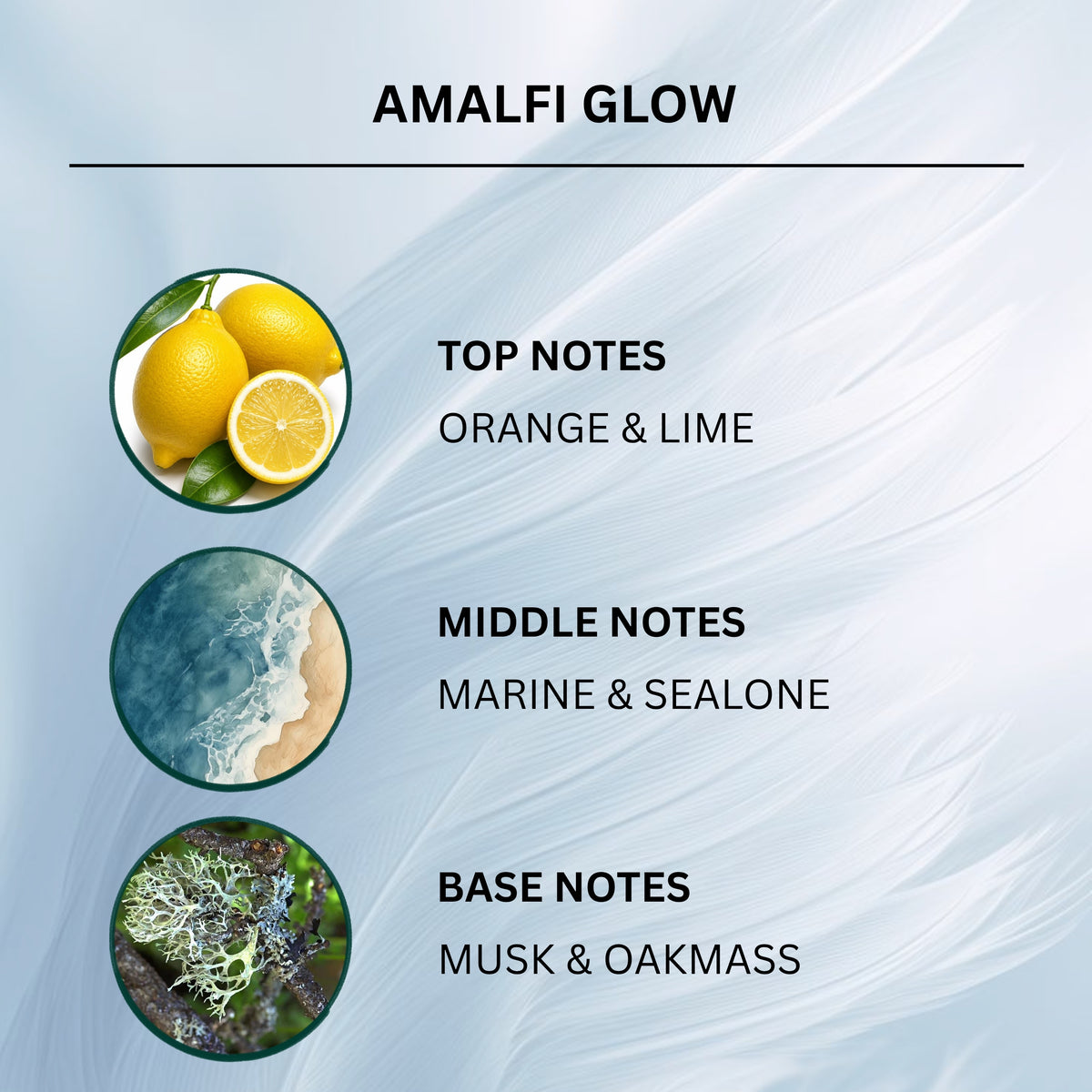 A fragrance notes graphic for Amalfi Glow, showing three circular icons and text for top, middle, and base notes on a light blue textured background. The top notes icon features lemons, the middle notes icon shows ocean waves, and the base notes icon depicts marine moss.