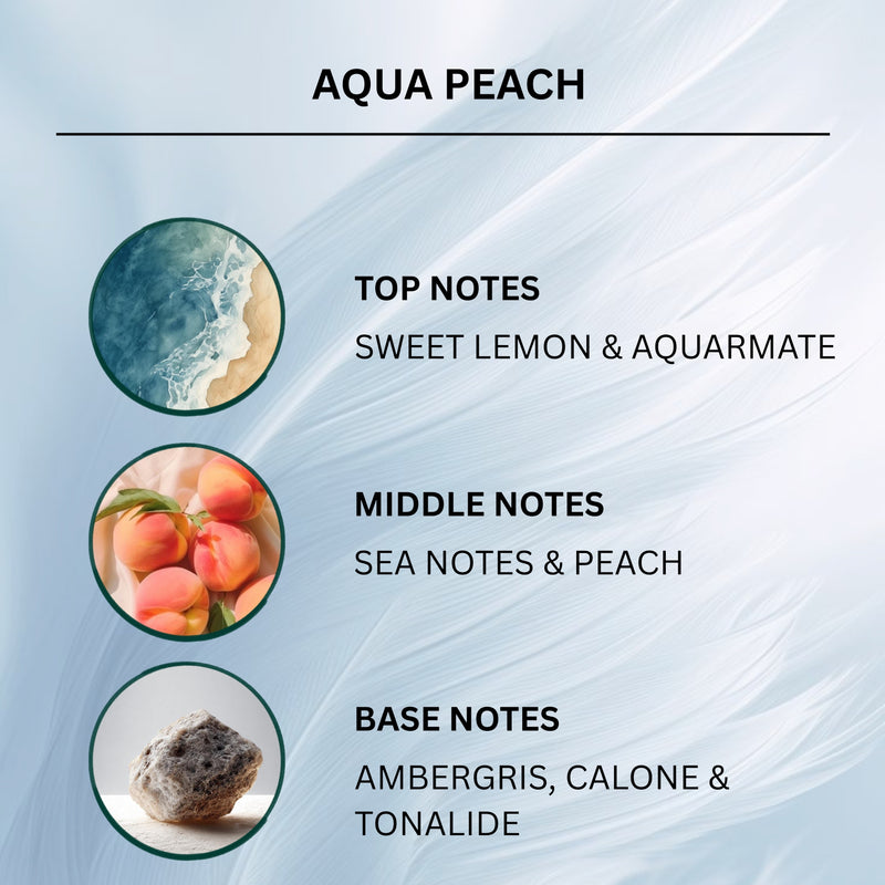 A fragrance notes graphic labeled AQUA PEACH on a pale blue abstract background. Three circular photos are shown with text describing the scent profile: a beach wave scene for top notes, peaches for middle notes, and a rock for base notes.