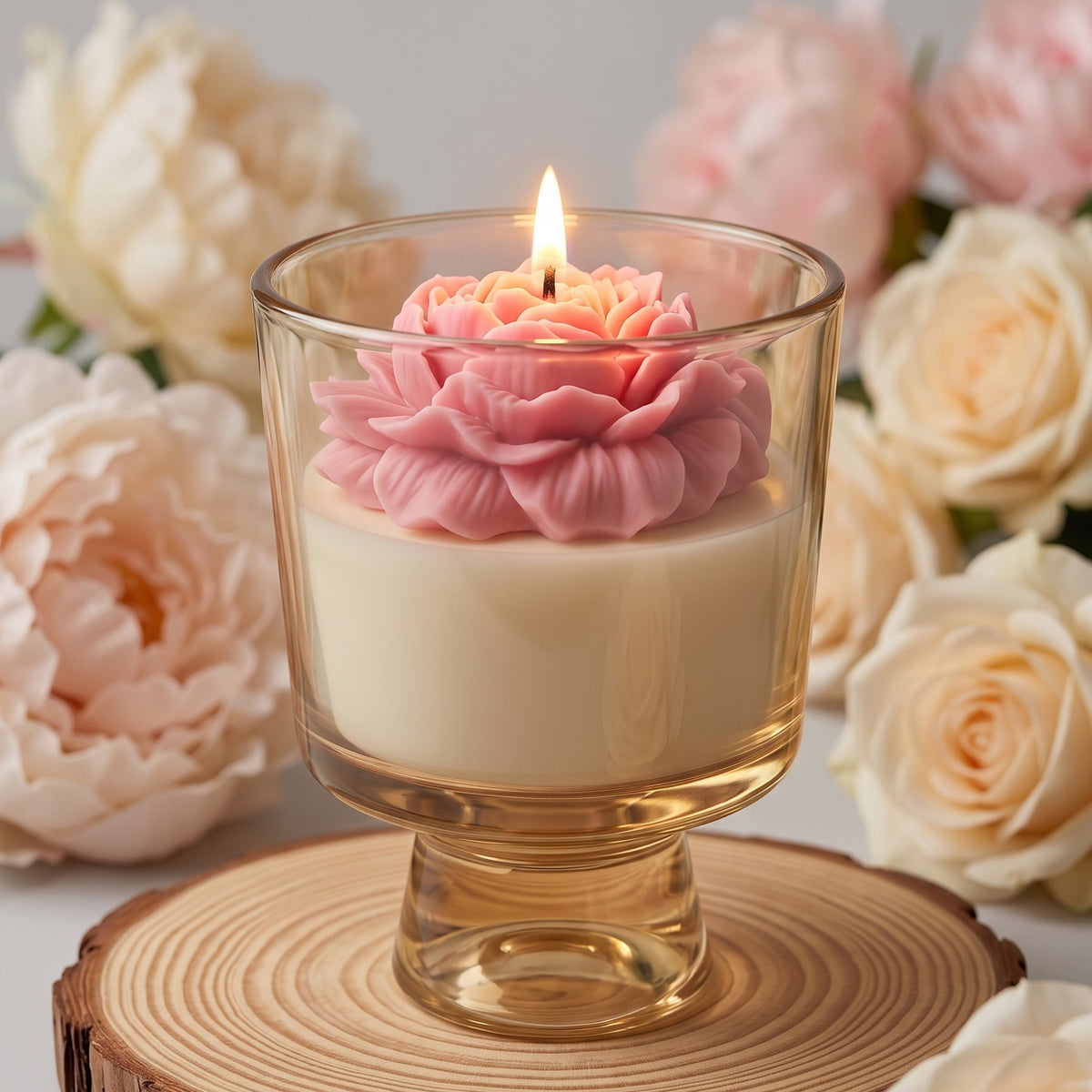 Glass candle holder with a pink floral design on a wooden coaster surrounded by flowers.