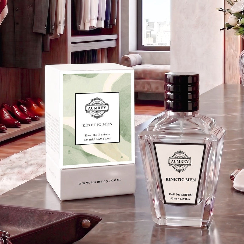 A bottle of Aumney Kinetic Men Eau De Parfum next to its white and light green box, displayed on a polished wooden table in a luxurious, modern room setting.