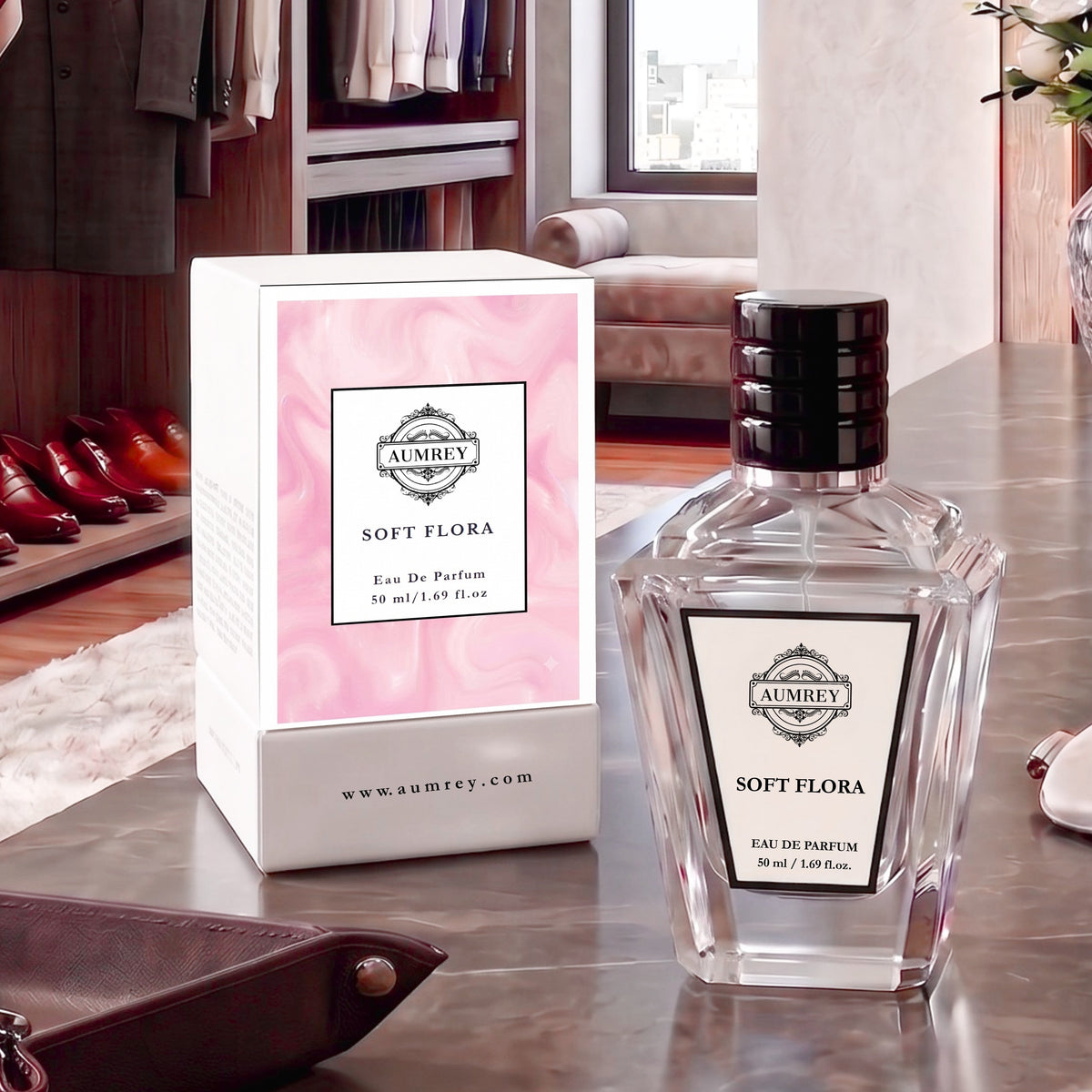 A bottle of Ambrey Soft Flora Eau De Parfum with its pink and white box, displayed on a polished marble table in a luxury dressing room setting.