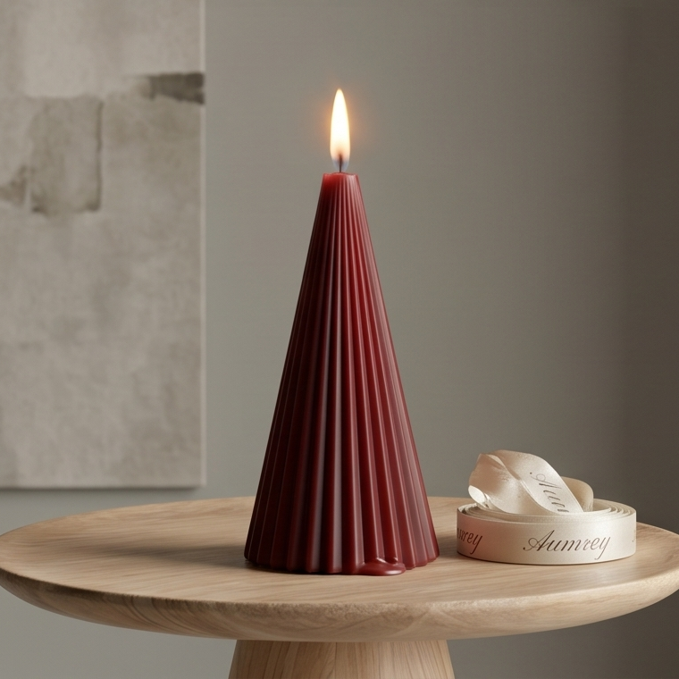 A lit sculptural cone pillar candle in a rich, deep blush red or burgundy hue, showing off a uniform, vertically ribbed geometric texture. The candle is centered on a round wooden presentation platter next to a stylish, cursive-inscribed "Aumrey" brand ribbon. The scene is shot in a high-end minimalist setting with a large, textured abstract neutral painting on the wall behind it.