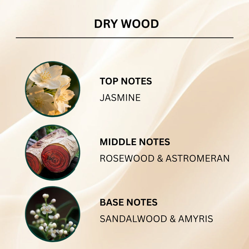 A beige fragrance profile graphic titled 'DRY WOOD' with three circular botanical photos and text listing top, middle, and base notes: jasmine flowers, rosewood slices, and sandalwood/amyris blossoms.