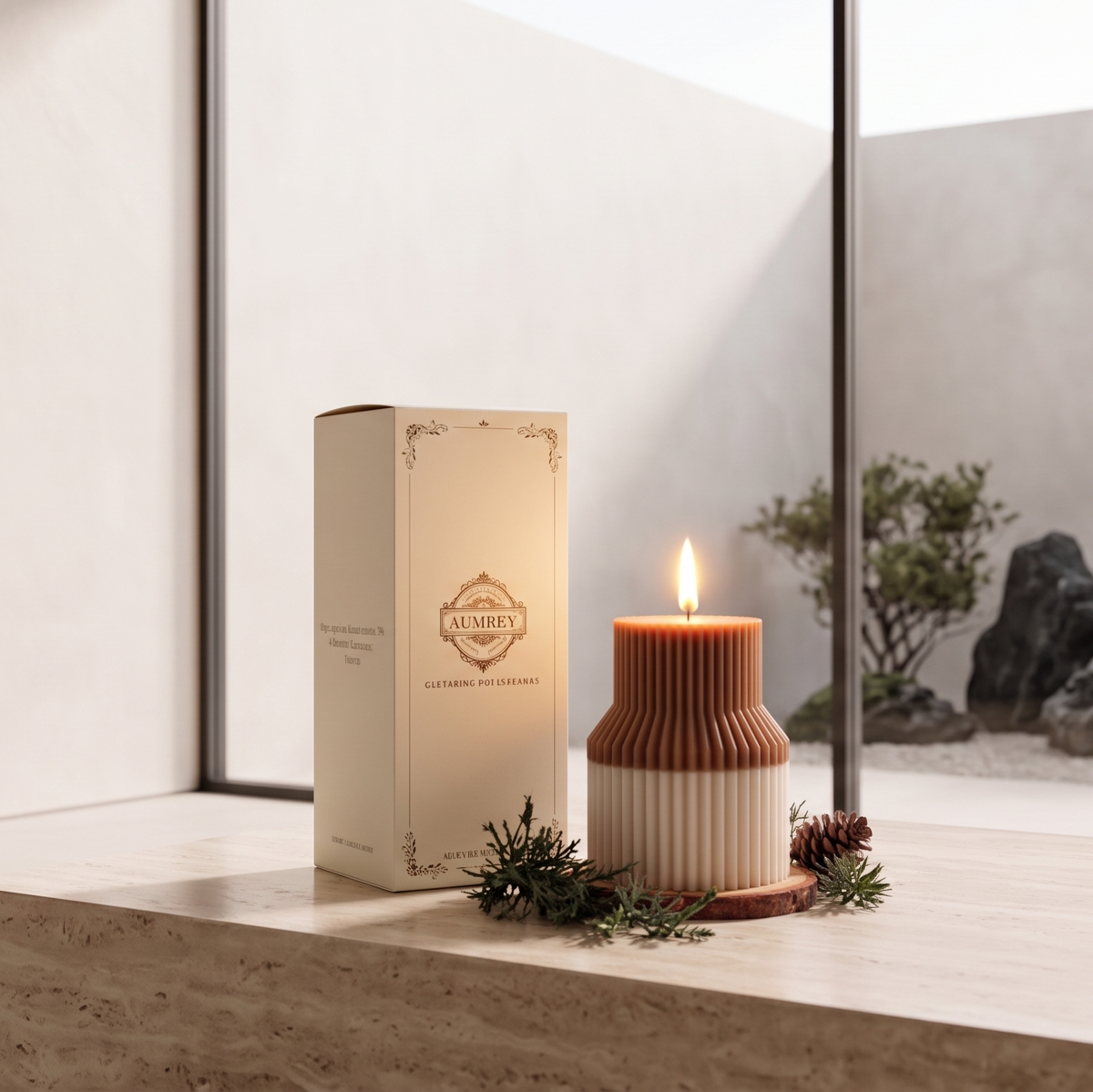 A lit ribbed candle in terracotta and cream stands beside its matching product box on a stone table in a minimalist indoor garden setting.
