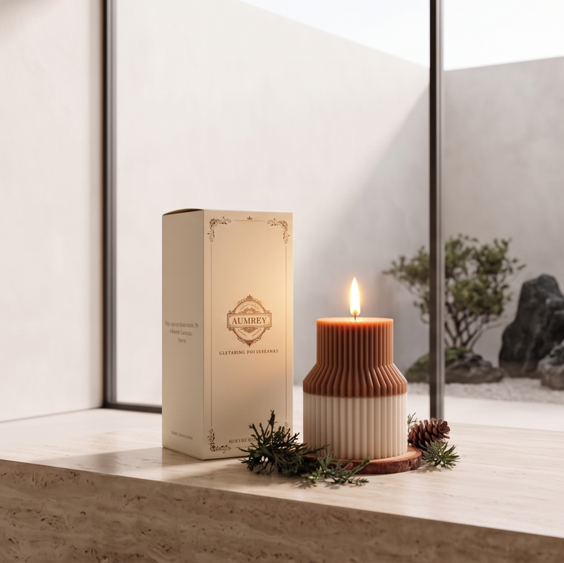 A lit ribbed candle in terracotta and cream stands beside its matching product box on a stone table in a minimalist indoor garden setting.