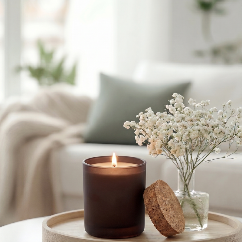 A lit amber glass candle sits on a round wooden tray beside a small glass vase of white baby's breath and a cork stopper, set in a softly blurred living room with a sofa and throw blanket in the background.