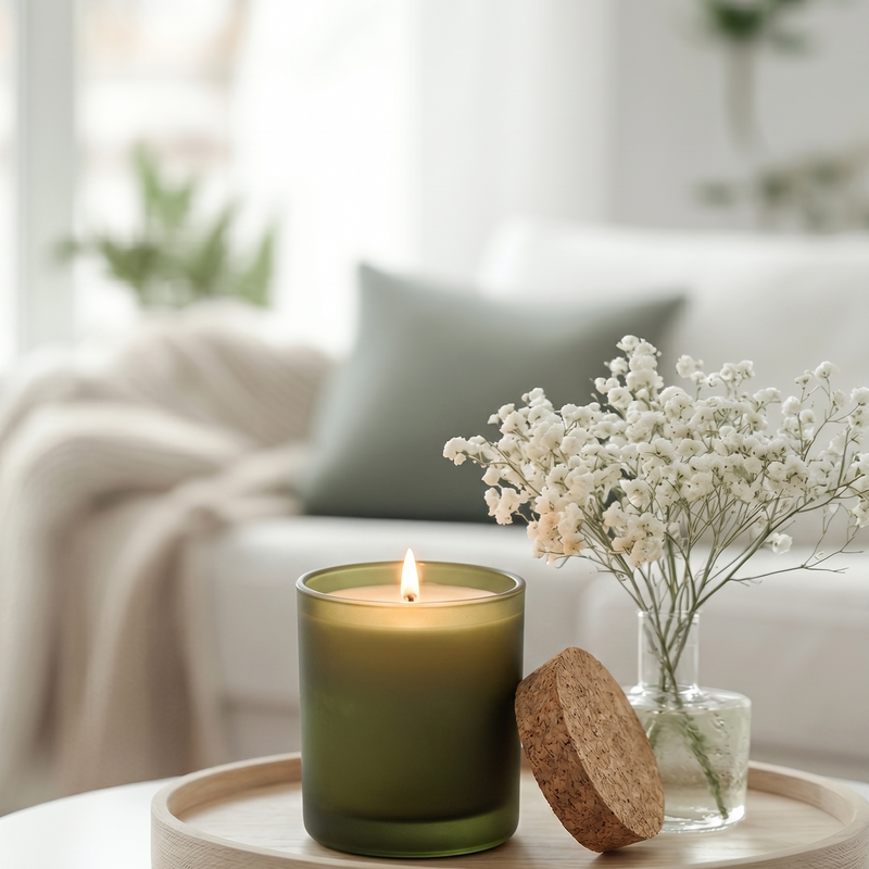 A lit olive green candle in a frosted glass jar sits on a round wooden tray next to a cork stopper and a small glass vase with white baby's breath flowers, set on a white table in a softly blurred living room.