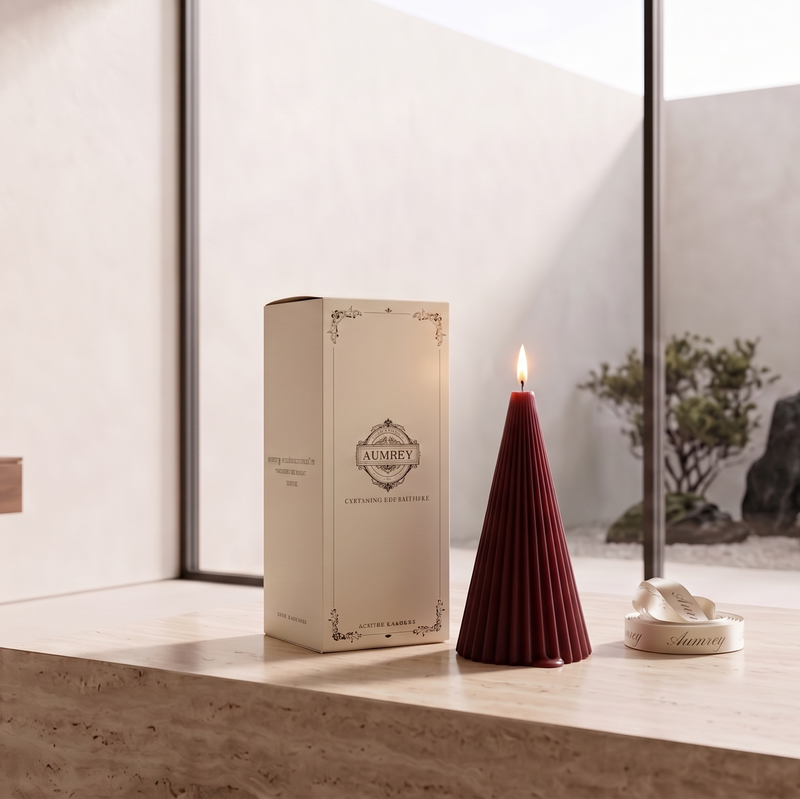 A luxury candle product display featuring a tall, dark red pleated cone candle with a small flame, standing next to its cream-colored packaging box. The scene is set in a minimalist, modern Japanese-style interior with a stone garden visible through a large window.