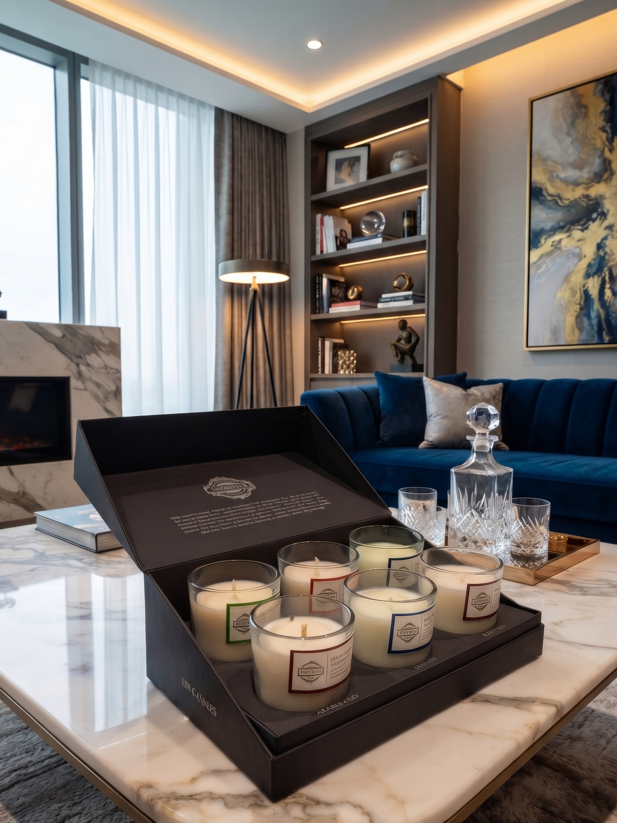A luxury candle gift set in an open black box, displayed on a marble coffee table in a modern living room with a blue sofa and bookshelves.