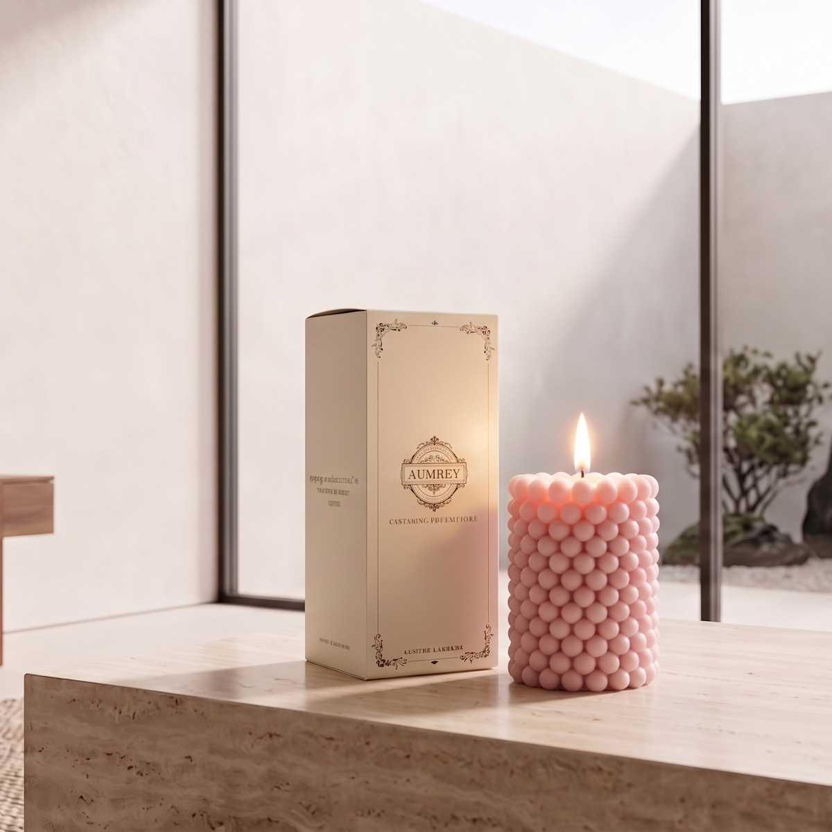 A pink honeycomb-textured candle and its cream-colored packaging box are displayed on a light stone table in a minimalist, modern interior setting with a zen garden visible in the background.