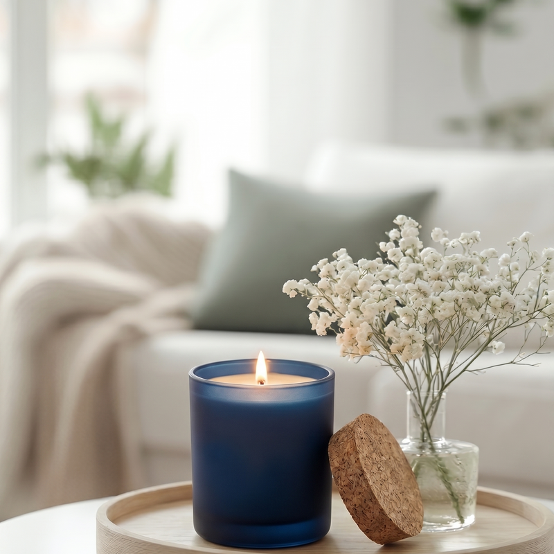 A lit dark blue glass candle sits on a round wooden tray beside a cork stopper and a small glass vase of white baby's breath flowers, set on a white table in a softly blurred living room.
