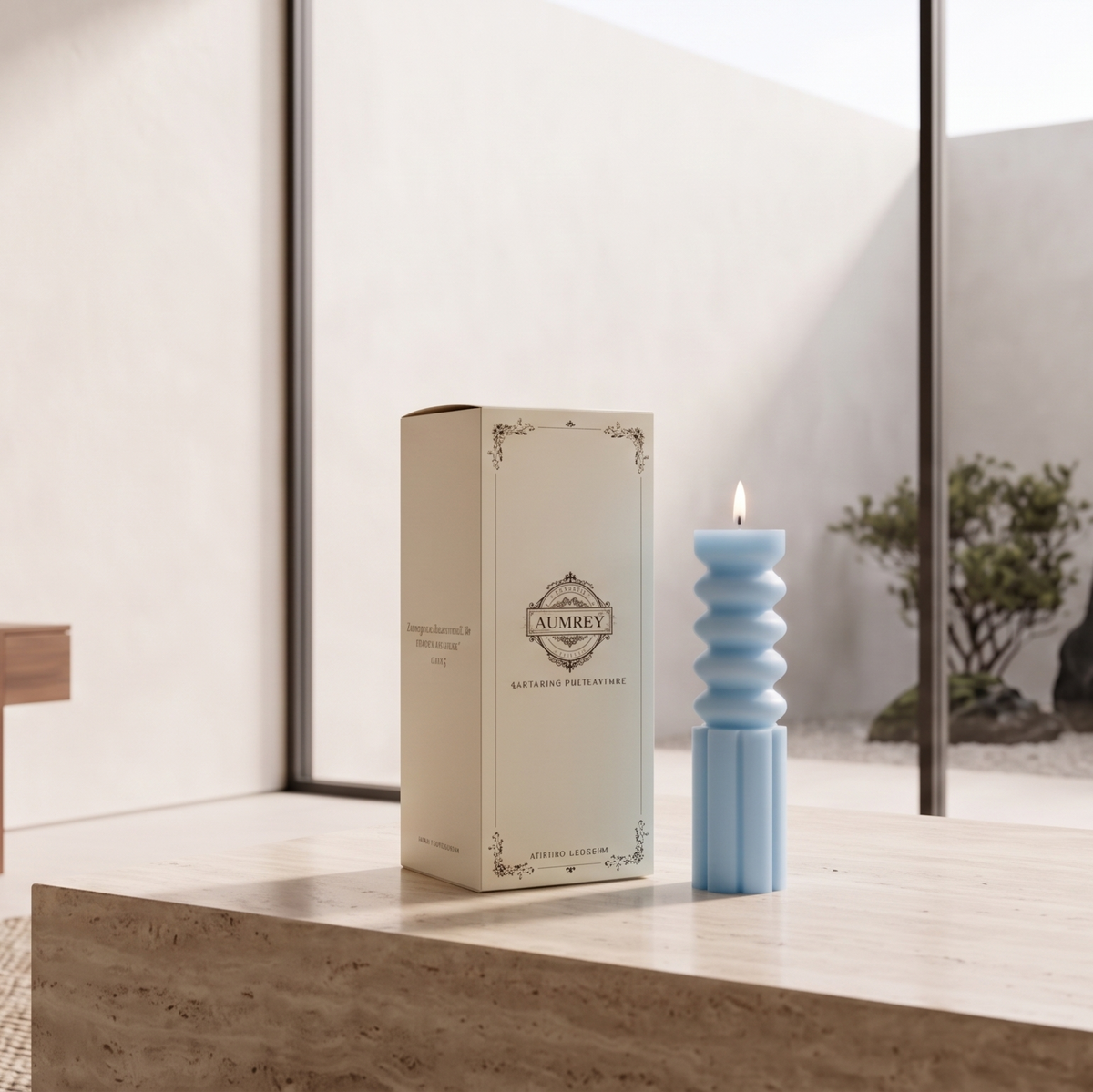 A light blue ribbed candle with a lit flame stands beside a cream-colored product box on a stone table in a minimalist modern interior with a garden courtyard visible in the background.