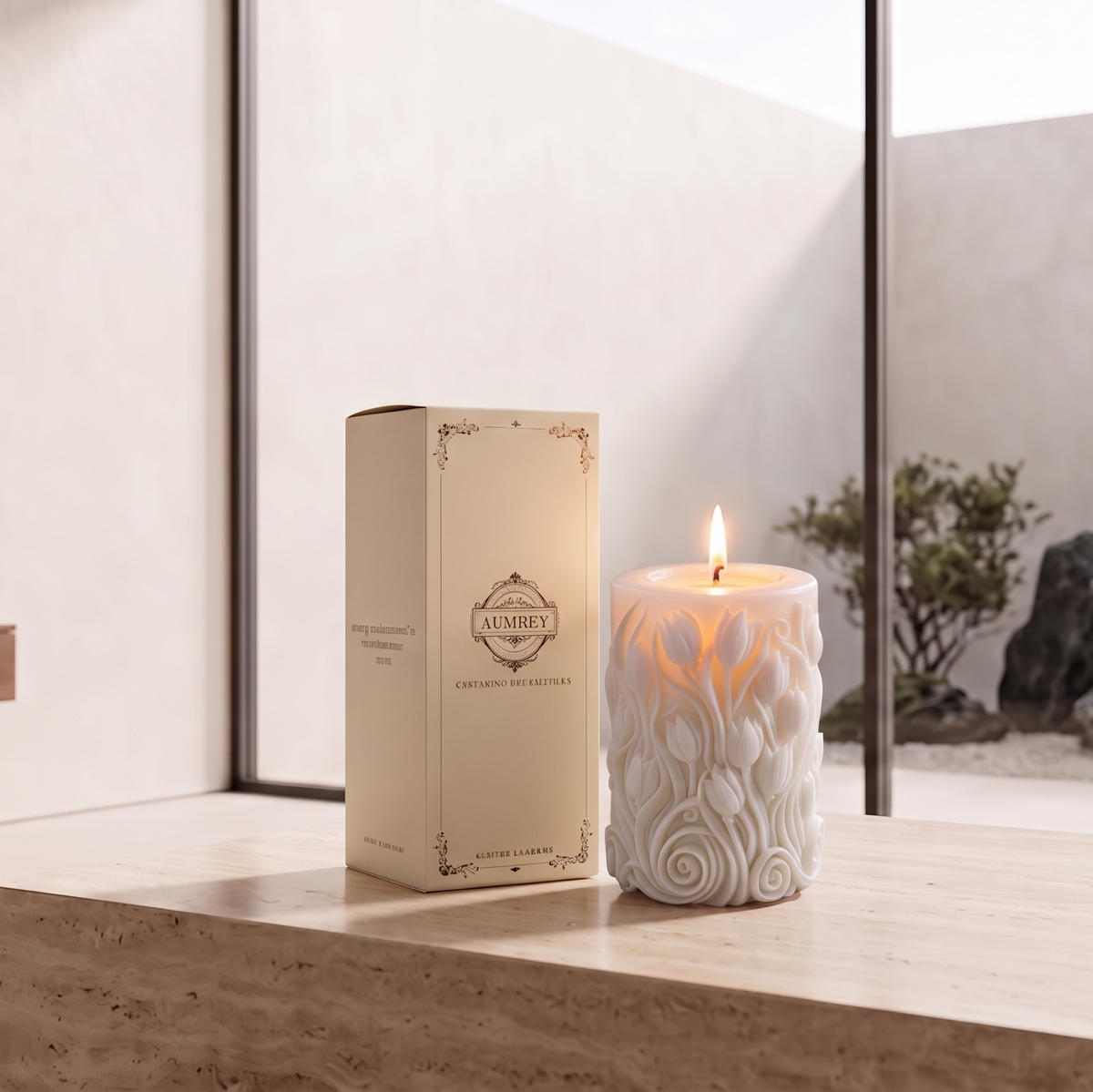 A white textured candle with a lit flame sits beside its cream-colored product box on a stone table in a minimalist modern interior with a garden view.