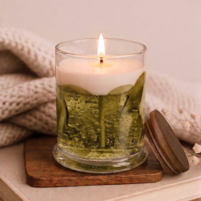 A lit glass jar candle with a white wax top and green oil-filled lower section containing botanical elements, set on a wooden coaster with a matching lid beside it and a soft knit blanket in the background.
