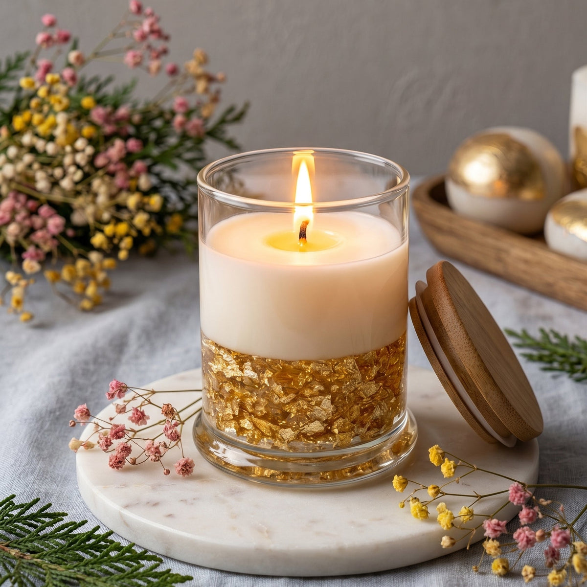 A lit candle in a clear glass jar with a wooden lid resting beside it on a marble coaster. The candle has a white wax top and a base filled with shimmering gold leaf flakes.