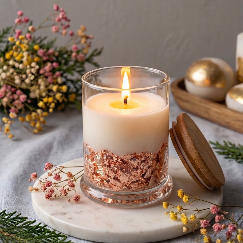 Candle in a glass holder with decorative elements on a neutral background