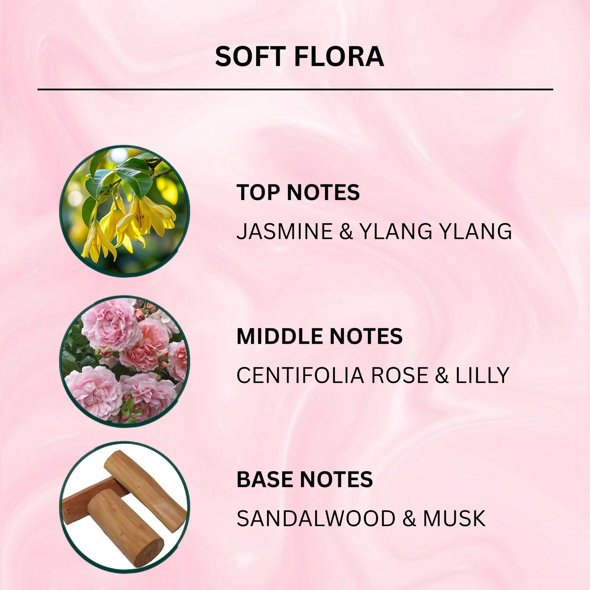 A pink graphic with the heading 'SOFT FLORA' and three circular photos showing botanical imagery: yellow flowers at the top, pink roses in the middle, and sandalwood pieces at the bottom, with text listing top notes as jasmine and ylang ylang, middle notes as centifolia rose and lily, and base notes as sandalwood and musk.
