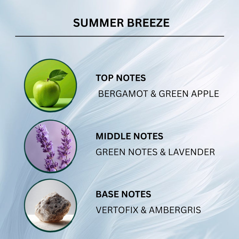 A fragrance notes graphic titled 'SUMMER BREEZE' on a pale blue textured background. It shows three circular icons with text labels: a green apple for top notes (bergamot & green apple), purple lavender flowers for middle notes, and a rock for base notes (vertofix & ambergris).